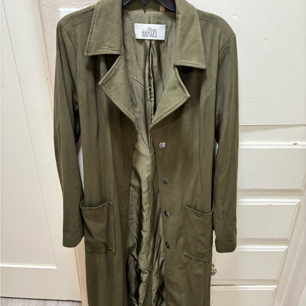 Belle Badgley Mischka Women's Faux Suede Green Wrap Trench Coat Size L